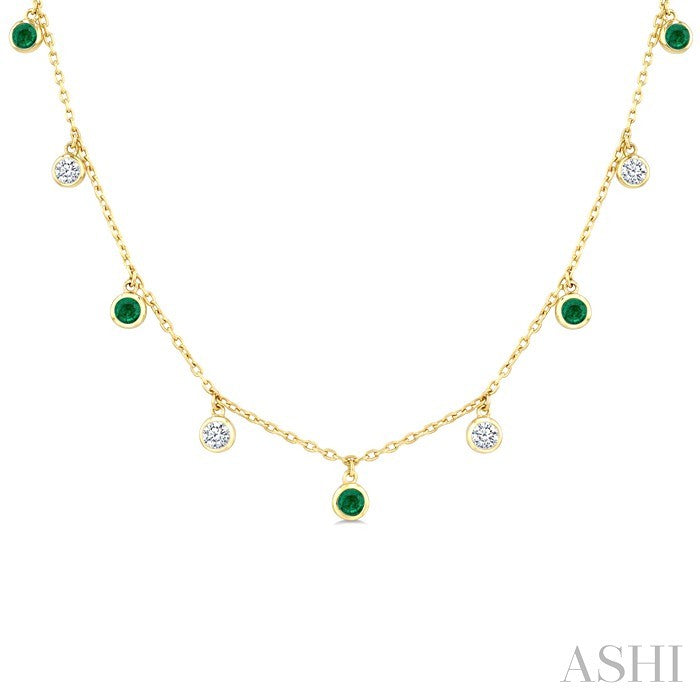 2.70 MM Round Shape Emerald and 1 Ctw Round Cut Diamond Precious Station Necklace in 14K Yellow Gold