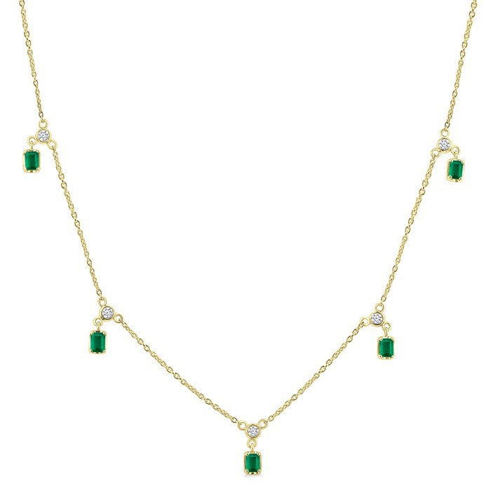 4X3 MM Octagon Shape Emerald and 1/10 Ctw Round Cut Diamond Precious Dangle Station Necklace in 14K Yellow Gold