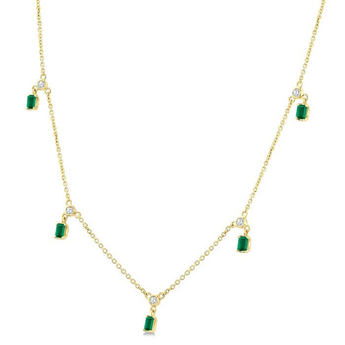 4X3 MM Octagon Shape Emerald and 1/10 Ctw Round Cut Diamond Precious Dangle Station Necklace in 14K Yellow Gold