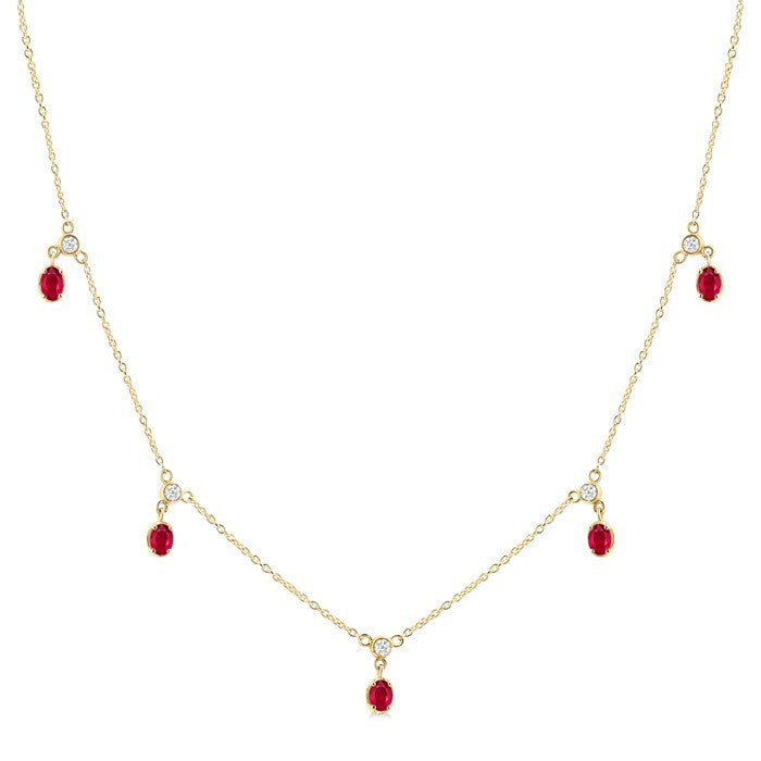 4X3 MM Oval Shape Ruby and 1/10 Ctw Round Cut Diamond Precious Dangle Station Necklace in 14K Yellow Gold