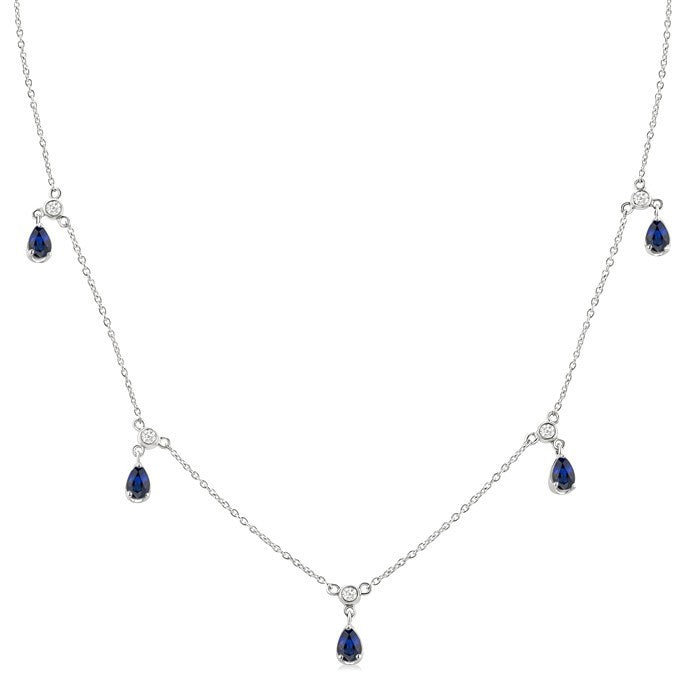 4X3 MM Pear Shape Sapphire and 1/10 Ctw Round Cut Diamond Precious Dangle Station Necklace in 14K White Gold