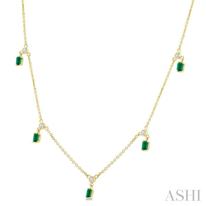 4X3 MM Octagon Shape Emerald and 1/10 Ctw Round Cut Diamond Precious Dangle Station Necklace in 14K Yellow Gold