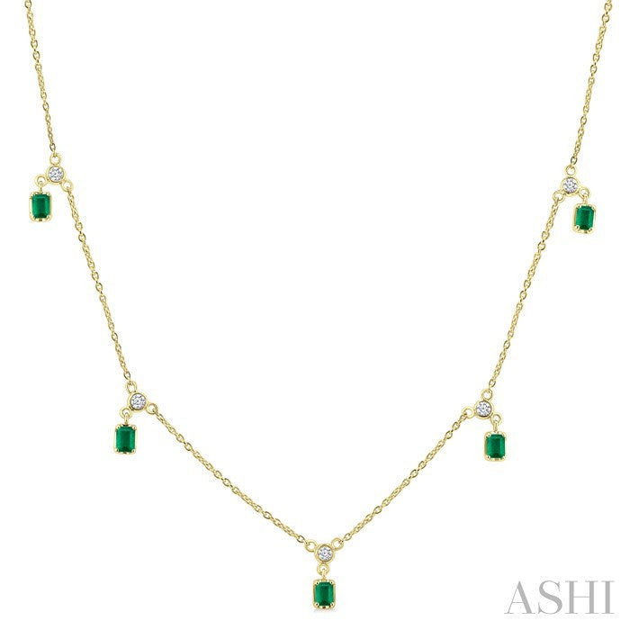 4X3 MM Octagon Shape Emerald and 1/10 Ctw Round Cut Diamond Precious Dangle Station Necklace in 14K Yellow Gold