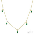 4X3 MM Octagon Shape Emerald and 1/10 Ctw Round Cut Diamond Precious Dangle Station Necklace in 14K Yellow Gold