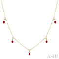 4X3 MM Oval Shape Ruby and 1/10 Ctw Round Cut Diamond Precious Dangle Station Necklace in 14K Yellow Gold