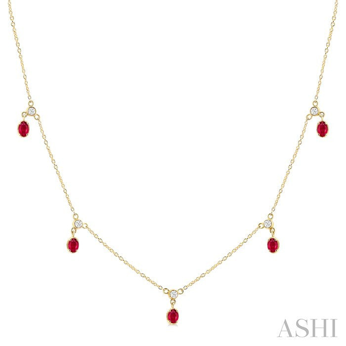 4X3 MM Oval Shape Ruby and 1/10 Ctw Round Cut Diamond Precious Dangle Station Necklace in 14K Yellow Gold