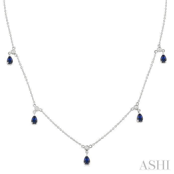 4X3 MM Pear Shape Sapphire and 1/10 Ctw Round Cut Diamond Precious Dangle Station Necklace in 14K White Gold