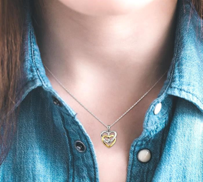 1/10 Ctw Twins Heart Round Cut Diamond Pendant in 14K White and Yellow Gold with Chain