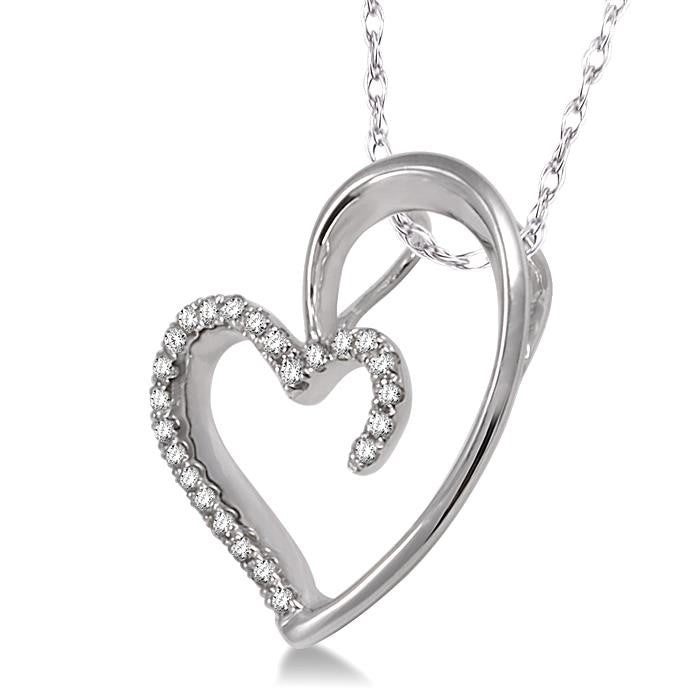 1/10 Ctw Round Cut Diamond Heart Shape Pendant in 10K White Gold with Chain