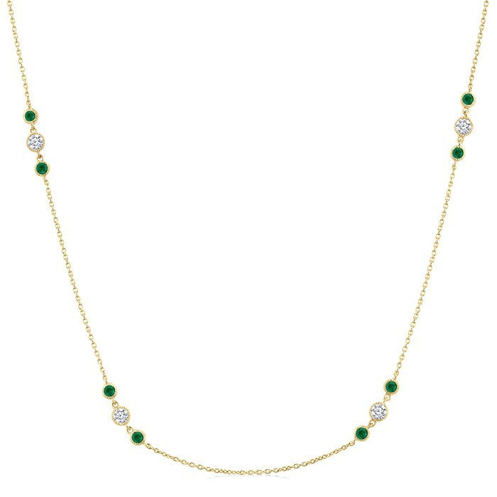 2.25 MM Emerald and 1/2 Ctw Round Cut Diamond Precious Station Necklace in 14K Yellow Gold
