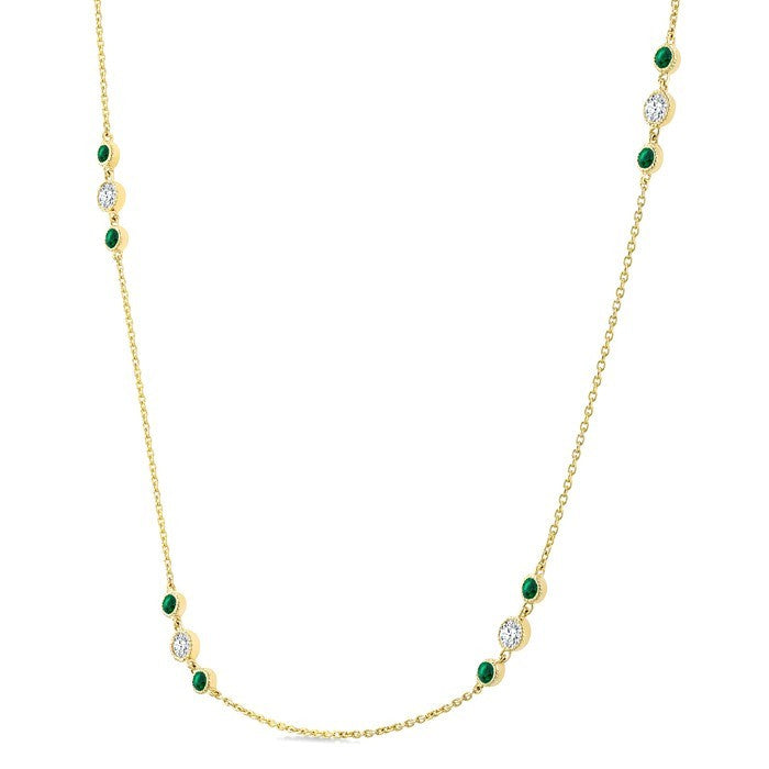 2.25 MM Emerald and 1/2 Ctw Round Cut Diamond Precious Station Necklace in 14K Yellow Gold