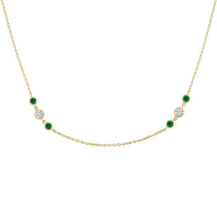 2.25 MM Emerald and 1/2 Ctw Round Cut Diamond Precious Station Necklace in 14K Yellow Gold