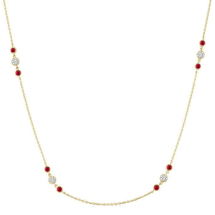 2.25 MM Ruby and 1/2 Ctw Round Cut Diamond Precious Station Necklace in 14K Yellow Gold