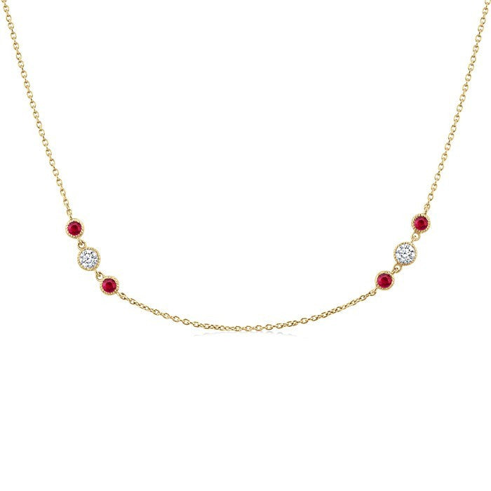 2.25 MM Ruby and 1/2 Ctw Round Cut Diamond Precious Station Necklace in 14K Yellow Gold