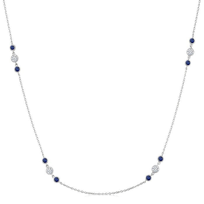 2.25 MM Sapphire and 1/2 Ctw Round Cut Diamond Precious Station Necklace in 14K White Gold