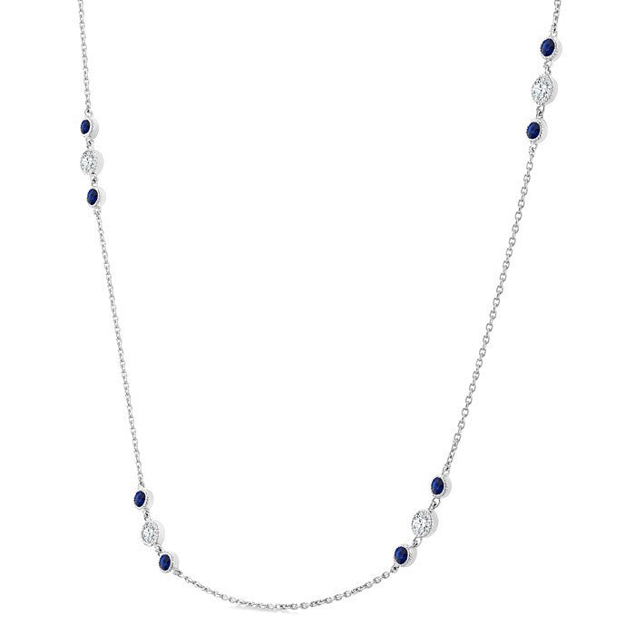 2.25 MM Sapphire and 1/2 Ctw Round Cut Diamond Precious Station Necklace in 14K White Gold