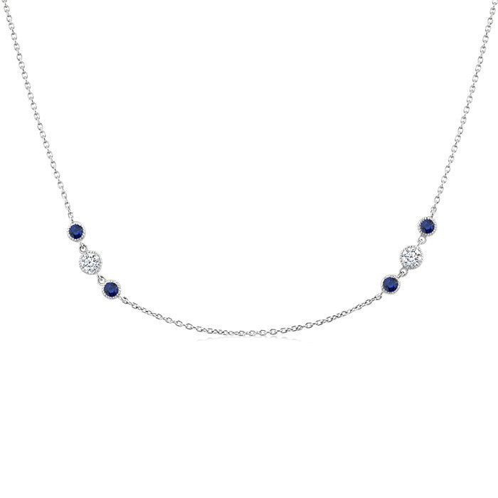 2.25 MM Sapphire and 1/2 Ctw Round Cut Diamond Precious Station Necklace in 14K White Gold