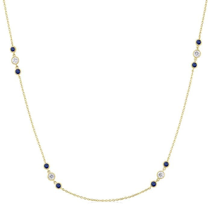 2.25 MM Sapphire and 1/2 Ctw Round Cut Diamond Precious Station Necklace in 14K Yellow Gold