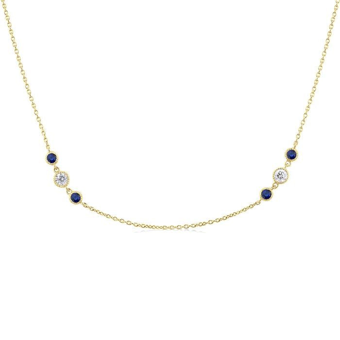 2.25 MM Sapphire and 1/2 Ctw Round Cut Diamond Precious Station Necklace in 14K Yellow Gold