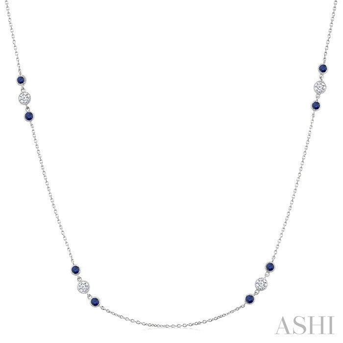 2.25 MM Sapphire and 1/2 Ctw Round Cut Diamond Precious Station Necklace in 14K White Gold