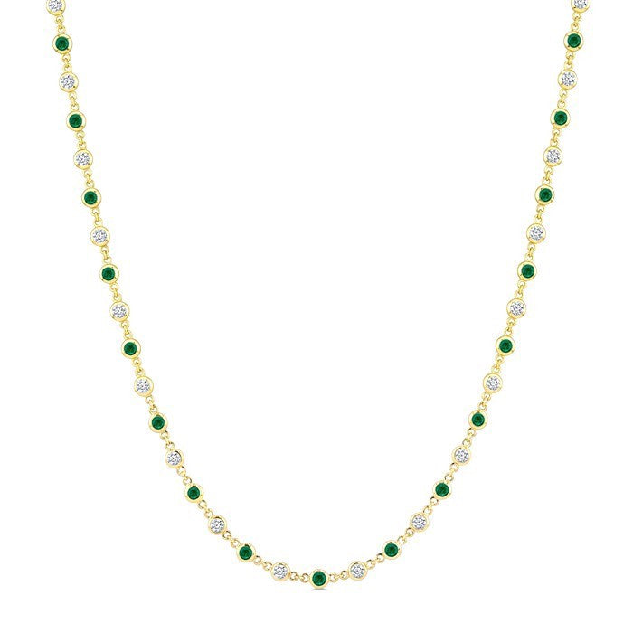 2.25 MM Round Shape Emerald and 1 1/2 Ctw Bezel Set Round Cut Diamond Precious Station Necklace in 14K Yellow Gold