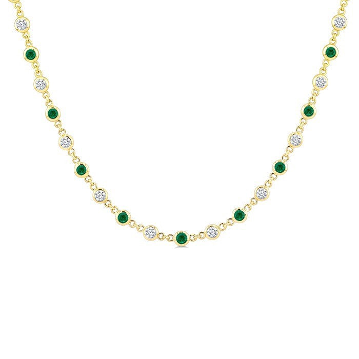 2.25 MM Round Shape Emerald and 1 1/2 Ctw Bezel Set Round Cut Diamond Precious Station Necklace in 14K Yellow Gold