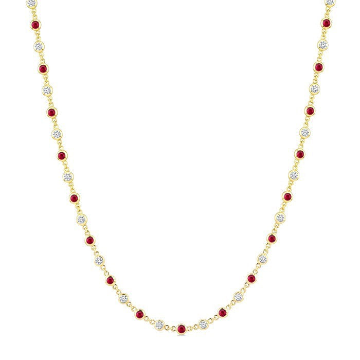 2.25 MM Round Shape Ruby and 1 1/2 Ctw Bezel Set Round Cut Diamond Precious Station Necklace in 14K Yellow Gold