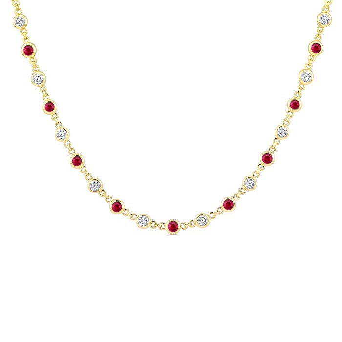 2.25 MM Round Shape Ruby and 1 1/2 Ctw Bezel Set Round Cut Diamond Precious Station Necklace in 14K Yellow Gold