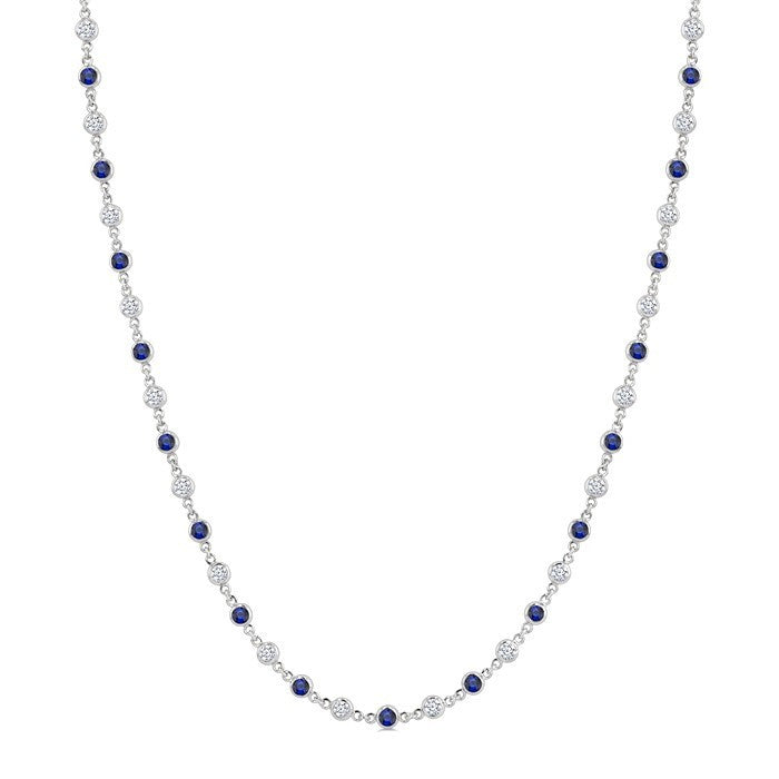 2.25 MM Round Shape Sapphire and 1 1/2 Ctw Bezel Set Round Cut Diamond Precious Station Necklace in 14K White Gold