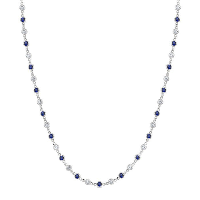 2.25 MM Round Shape Sapphire and 1 1/2 Ctw Bezel Set Round Cut Diamond Precious Station Necklace in 14K White Gold