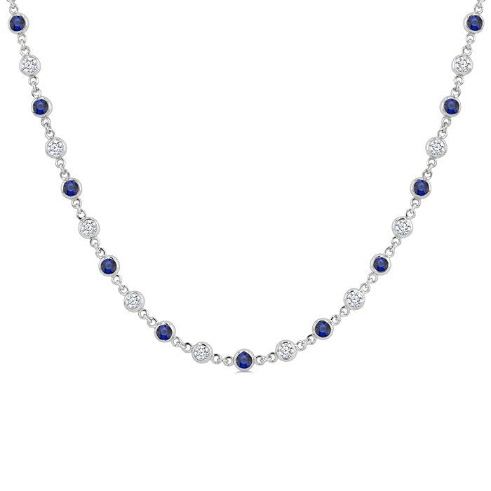 2.25 MM Round Shape Sapphire and 1 1/2 Ctw Bezel Set Round Cut Diamond Precious Station Necklace in 14K White Gold