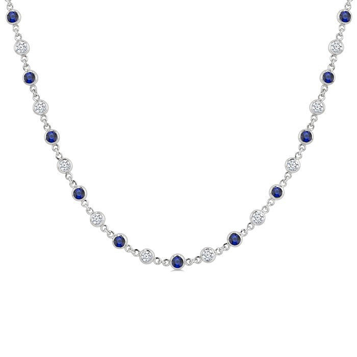 2.25 MM Round Shape Sapphire and 1 1/2 Ctw Bezel Set Round Cut Diamond Precious Station Necklace in 14K White Gold