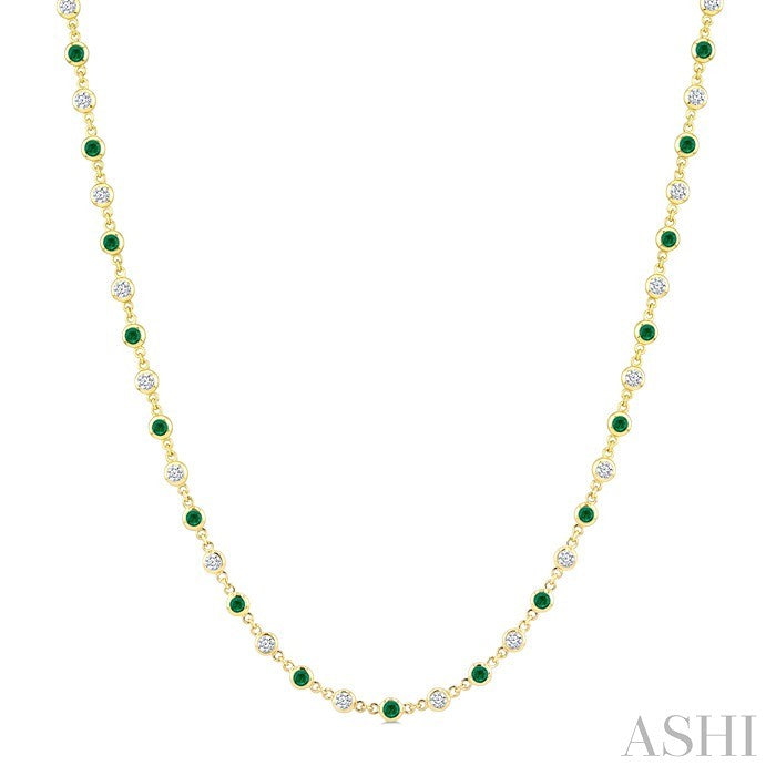 2.25 MM Round Shape Emerald and 1 1/2 Ctw Bezel Set Round Cut Diamond Precious Station Necklace in 14K Yellow Gold