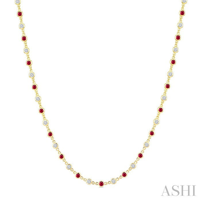 2.25 MM Round Shape Ruby and 1 1/2 Ctw Bezel Set Round Cut Diamond Precious Station Necklace in 14K Yellow Gold