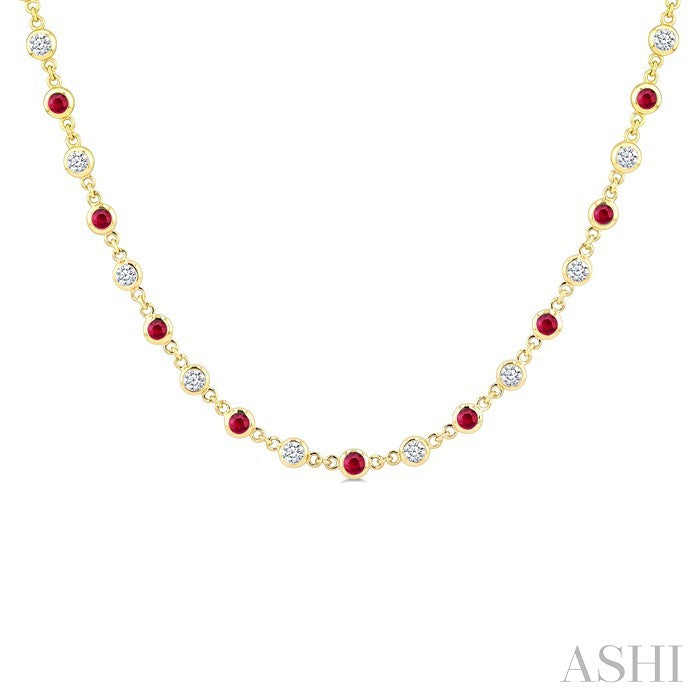 2.25 MM Round Shape Ruby and 1 1/2 Ctw Bezel Set Round Cut Diamond Precious Station Necklace in 14K Yellow Gold