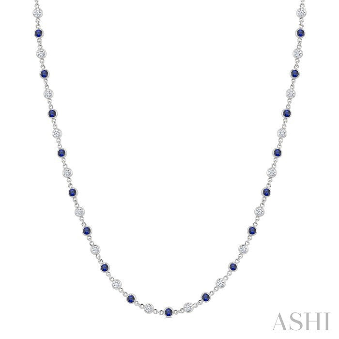 2.25 MM Round Shape Sapphire and 1 1/2 Ctw Bezel Set Round Cut Diamond Precious Station Necklace in 14K White Gold