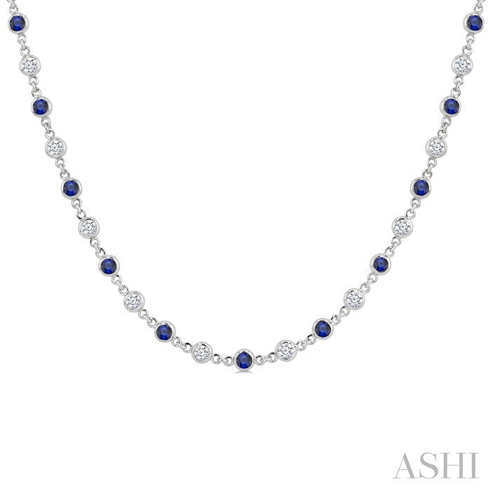 2.25 MM Round Shape Sapphire and 1 1/2 Ctw Bezel Set Round Cut Diamond Precious Station Necklace in 14K White Gold
