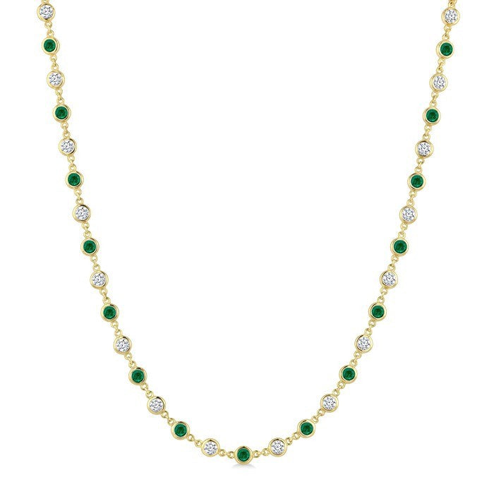 2.85 MM Round Shape Emerald and 2 5/8 Ctw Bezel Set Round Cut Diamond Precious Station Necklace in 14K Yellow Gold