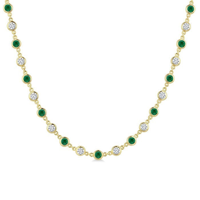 2.85 MM Round Shape Emerald and 2 5/8 Ctw Bezel Set Round Cut Diamond Precious Station Necklace in 14K Yellow Gold
