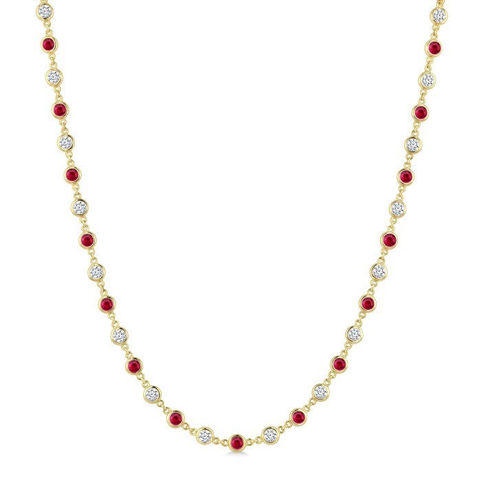 2.85 MM Round Shape Emerald and 2 5/8 Ctw Bezel Set Round Cut Diamond Precious Station Necklace in 14K Yellow Gold