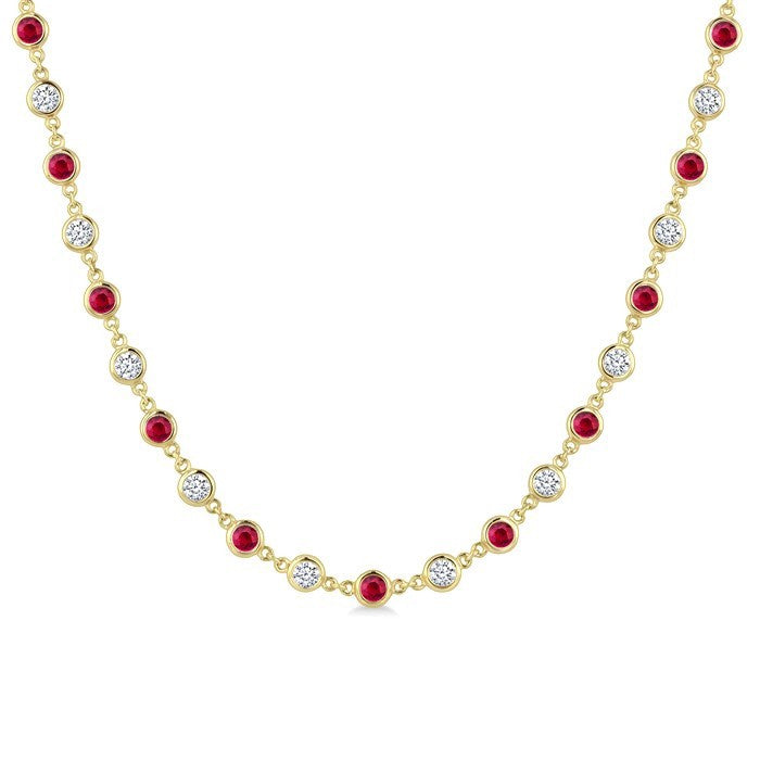 2.85 MM Round Shape Emerald and 2 5/8 Ctw Bezel Set Round Cut Diamond Precious Station Necklace in 14K Yellow Gold
