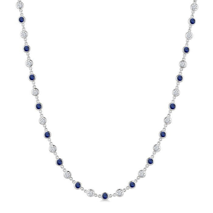2.85 MM Round Shape Sapphire and 2 5/8 Ctw Bezel Set Round Cut Diamond Precious Station Necklace in 14K White Gold