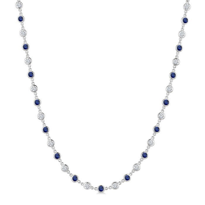 2.85 MM Round Shape Sapphire and 2 5/8 Ctw Bezel Set Round Cut Diamond Precious Station Necklace in 14K White Gold