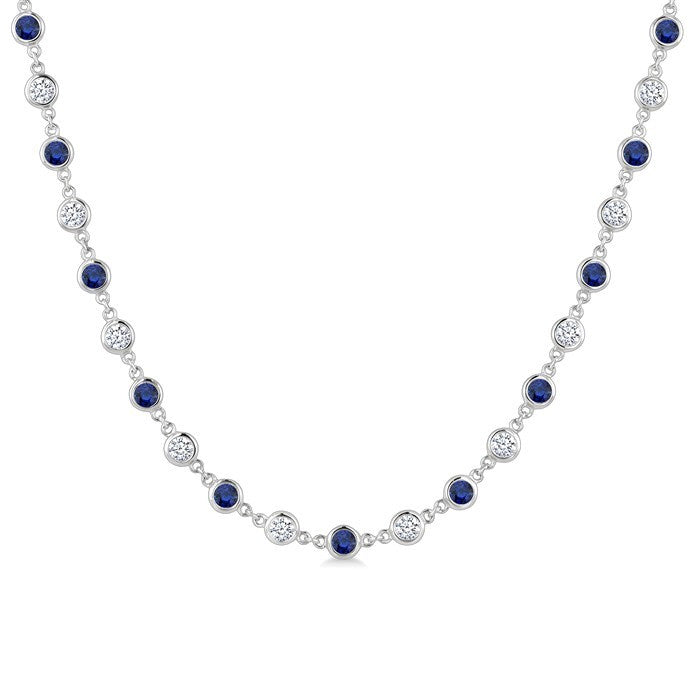 2.85 MM Round Shape Sapphire and 2 5/8 Ctw Bezel Set Round Cut Diamond Precious Station Necklace in 14K White Gold