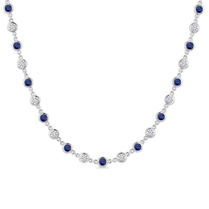 2.85 MM Round Shape Sapphire and 2 5/8 Ctw Bezel Set Round Cut Diamond Precious Station Necklace in 14K White Gold