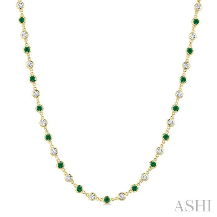 2.85 MM Round Shape Emerald and 2 5/8 Ctw Bezel Set Round Cut Diamond Precious Station Necklace in 14K Yellow Gold