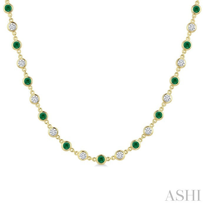 2.85 MM Round Shape Emerald and 2 5/8 Ctw Bezel Set Round Cut Diamond Precious Station Necklace in 14K Yellow Gold