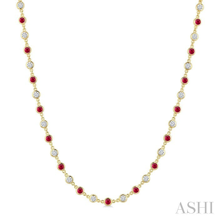 2.85 MM Round Shape Emerald and 2 5/8 Ctw Bezel Set Round Cut Diamond Precious Station Necklace in 14K Yellow Gold