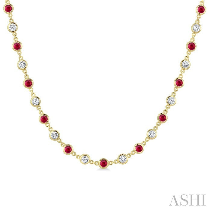 2.85 MM Round Shape Emerald and 2 5/8 Ctw Bezel Set Round Cut Diamond Precious Station Necklace in 14K Yellow Gold
