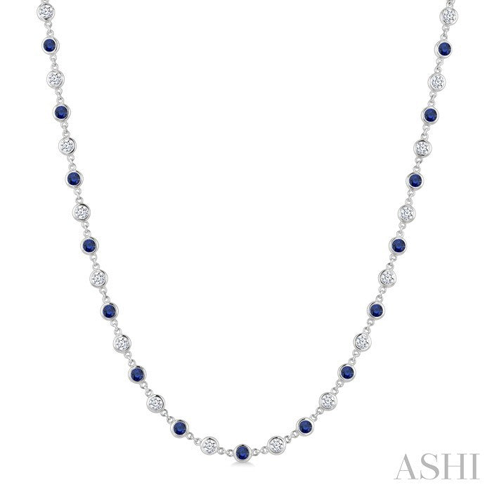 2.85 MM Round Shape Sapphire and 2 5/8 Ctw Bezel Set Round Cut Diamond Precious Station Necklace in 14K White Gold